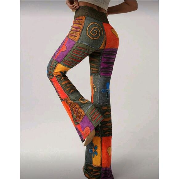 NWT Large Patchwork Print Pants Lace Waist Stretch Flares - Picture 6 of 7